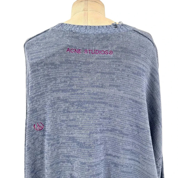 Acne Studios Sweater Peace Sign Embroidered Jumper Knit Blue Size Large *Damaged - Picture 8 of 13